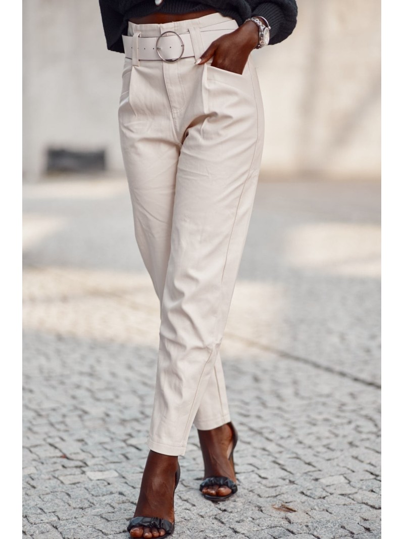 Elegant eco-leather pants, light beige 5929 - Online store - Boutique